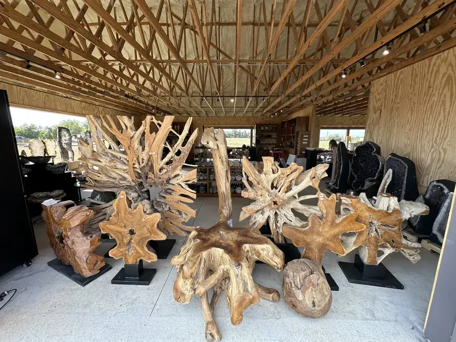 Sculptural wood pieces displayed inside The Hive