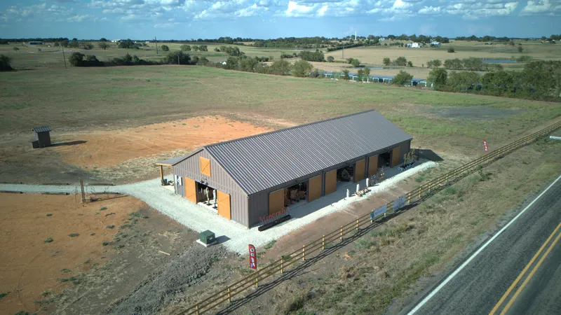Aerial view of The Hive permanent barn and covered porch