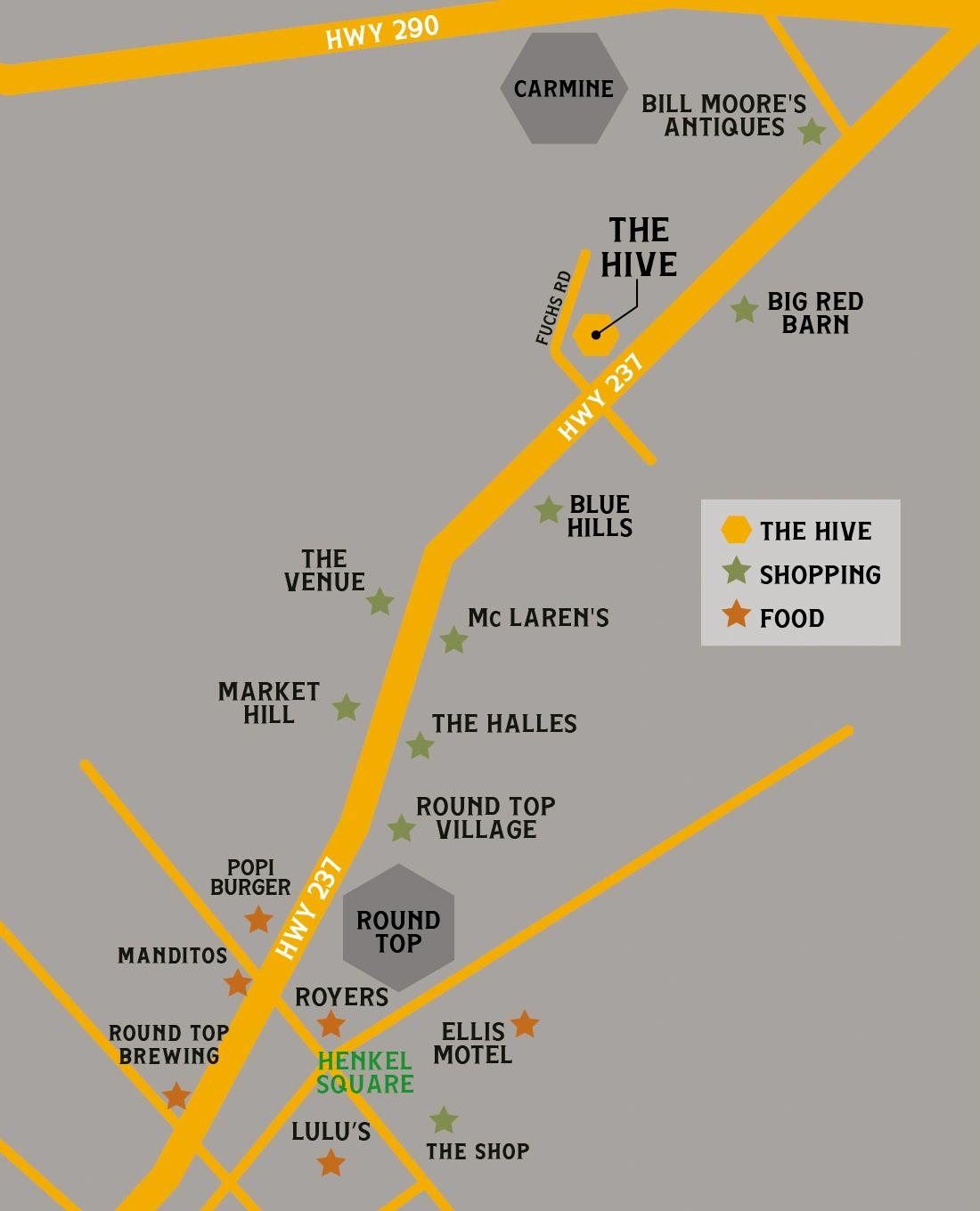 Schematic location guide showing The Hive on Highway 237 between Carmine and Round Top